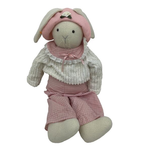 Vintage Terry's Village White Bunny Rabbit in Pink Gingham Plaid Outfit Plush - Picture 1 of 4